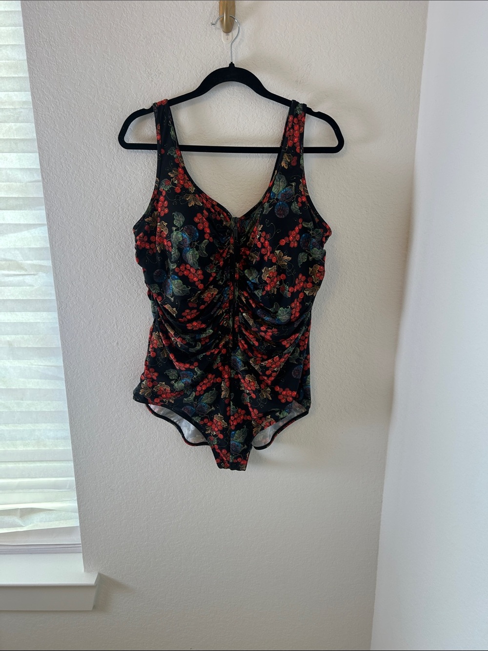 Delimira Floral Ruched Black One-Piece front zip Swimsuit plus size 18